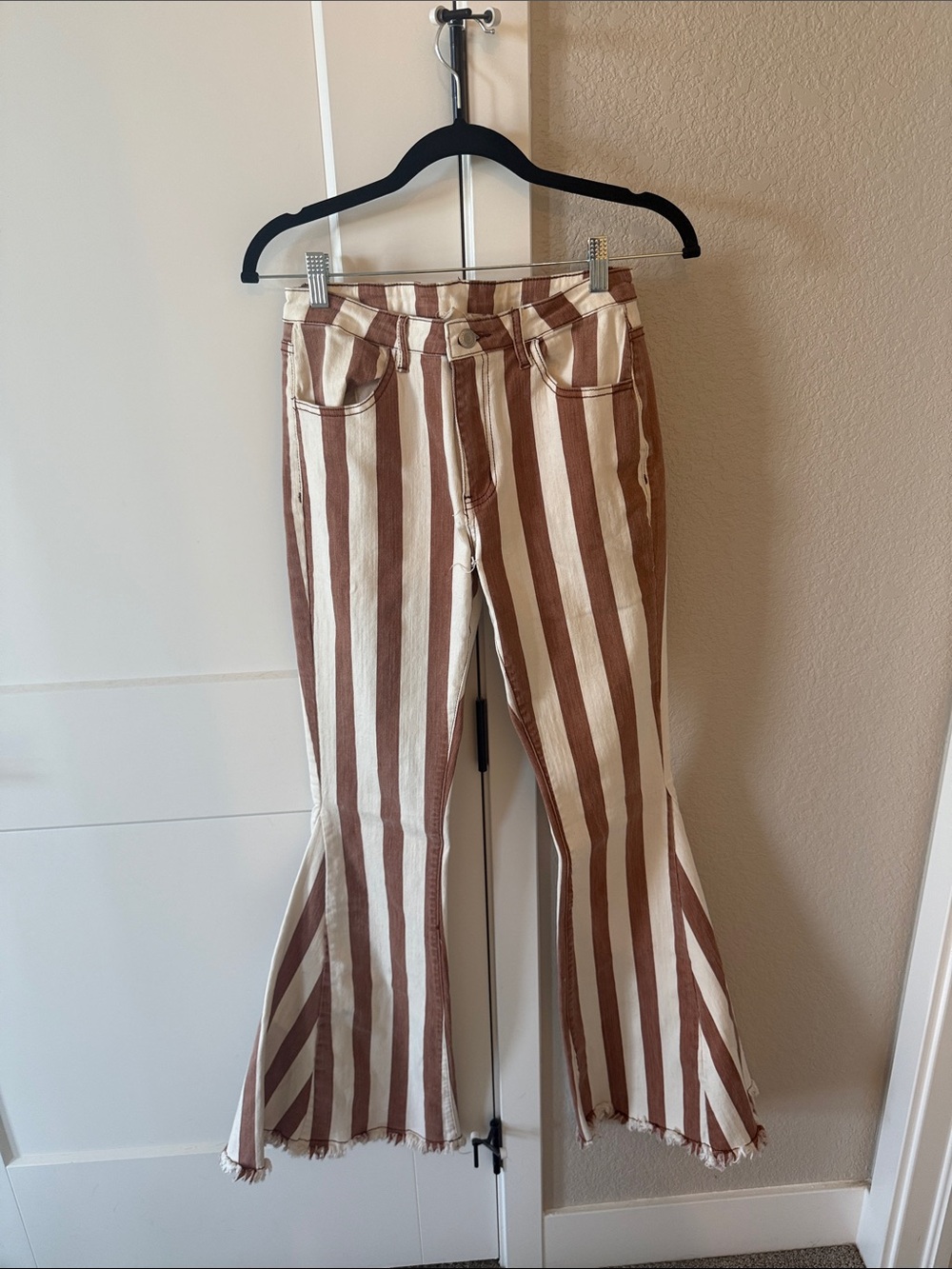 Altar'd State Cream & Brown Striped Flare Jeans